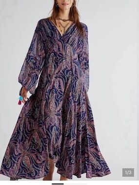 Free People Navy and Pink Paisley Long Sleeve Maxi Dress